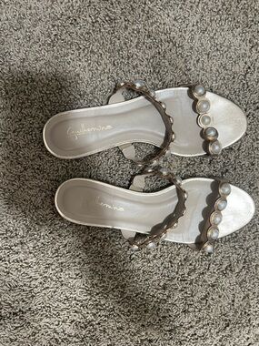 Metallic Pearl Accent Ankle-Strap Sandals - Rose Gold